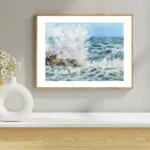 Stormy Tide Rush ocean watercolor print displayed on a wall with natural lighting