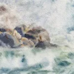 Stormy Tide Rush watercolor seascape print detail of rocks and swirling ocean foam