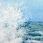 Closeup of watercolor print Stormy Tide Rush showing wave textures and water spray details
