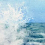 Closeup of watercolor print Stormy Tide Rush showing wave textures and water spray details