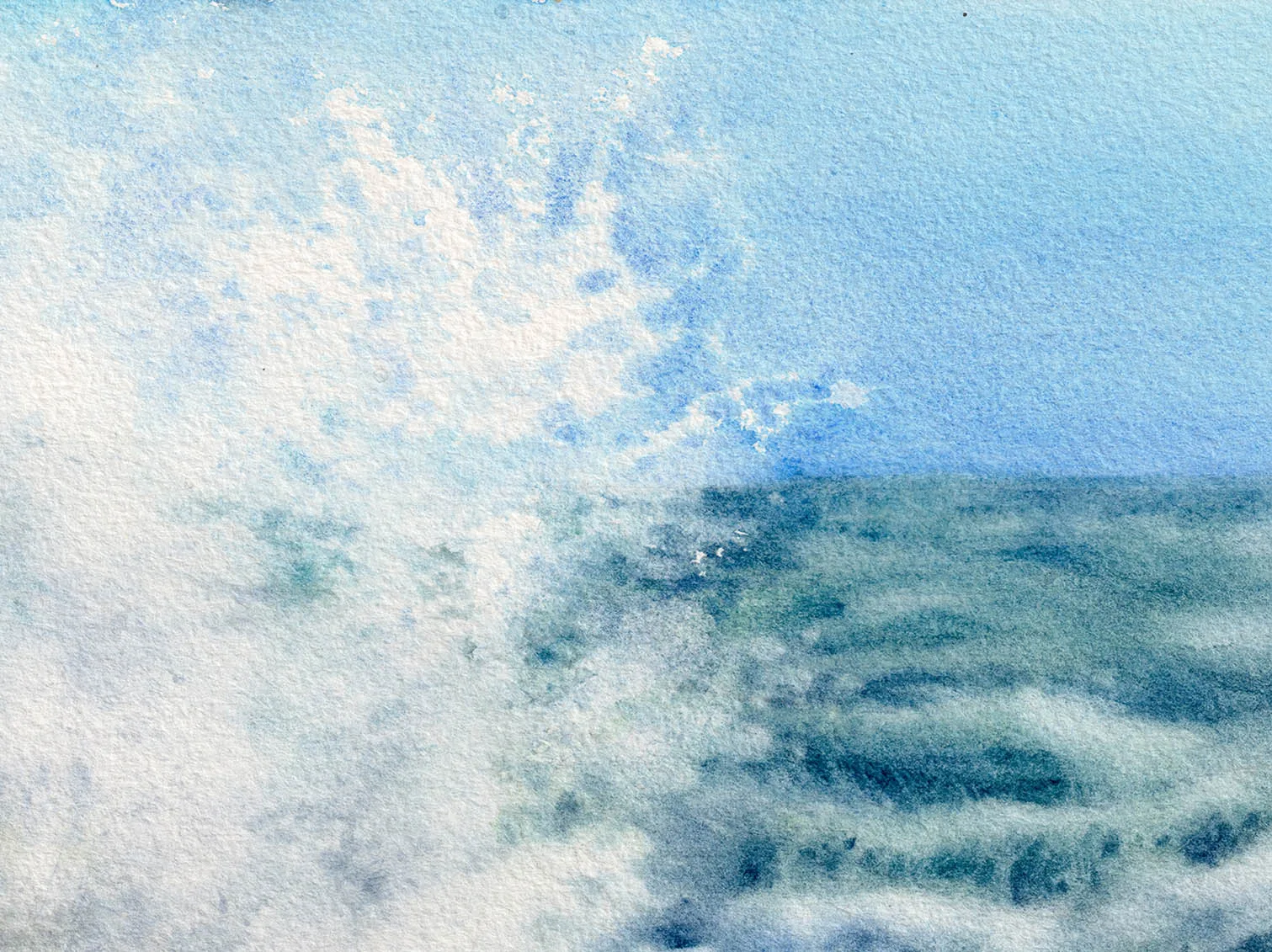 Closeup of watercolor print Stormy Tide Rush showing wave textures and water spray details