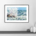 Stormy Tide Rush fine art print framed in a minimalist black frame with soft ocean tones