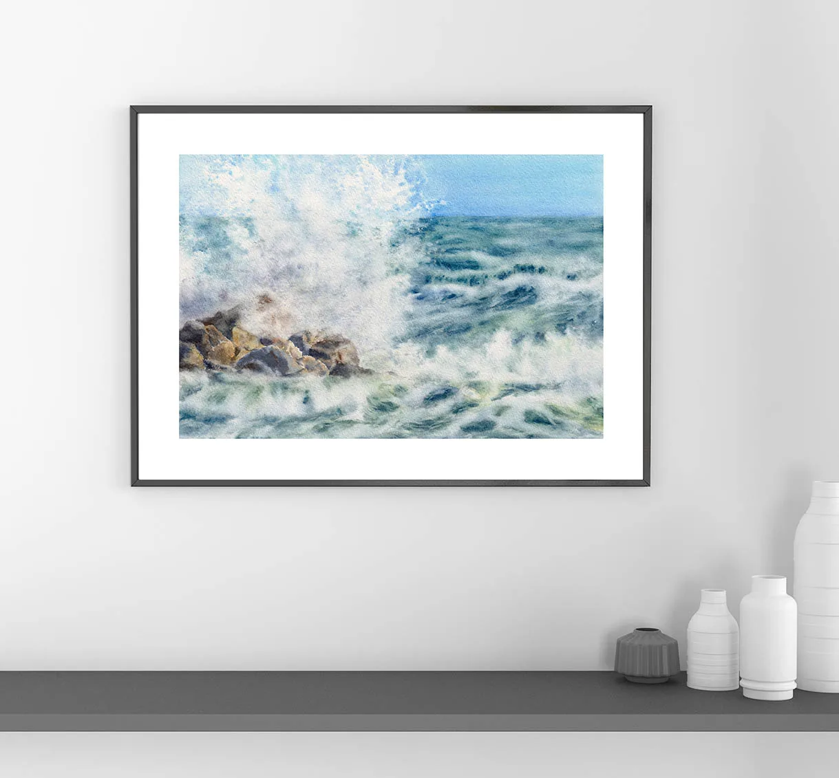 Stormy Tide Rush fine art print framed in a minimalist black frame with soft ocean tones
