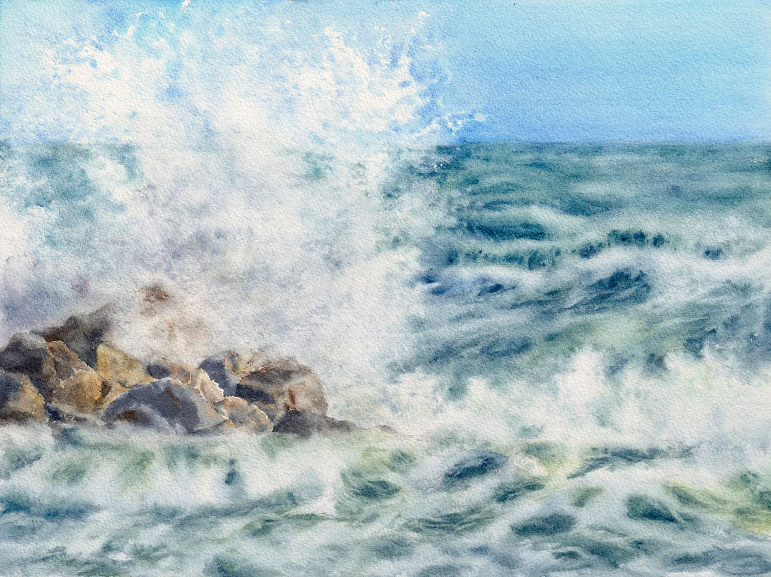 Stormy Tide Rush ocean watercolor fine art print with crashing waves and sea spray in blue and green tones
