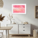 "Pink Lakes of Ukraine" watercolor art in a coastal dining room setting, enhancing the ambiance with serene rose hues and natural lake-inspired beauty — unique art for dining space.
