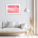 Original watercolor painting 'Pink Lakes of Ukraine' displayed above a modern sofa in a minimalist living room, showcasing vibrant pink saltwater tones and organic textures inspired by Lemurian Lake — perfect wall art for coastal, nature-inspired interiors.
