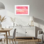 Dining room decor featuring "Pink Lakes of Ukraine" painting, reflecting the vibrant tones of Ukraine’s salt lakes — pink wall art for modern and natural interiors.