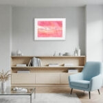 Original watercolor "Pink Lakes of Ukraine" displayed in a coastal-style living room, perfect for adding soft pink hues and natural textures to your art collection or wall decor.