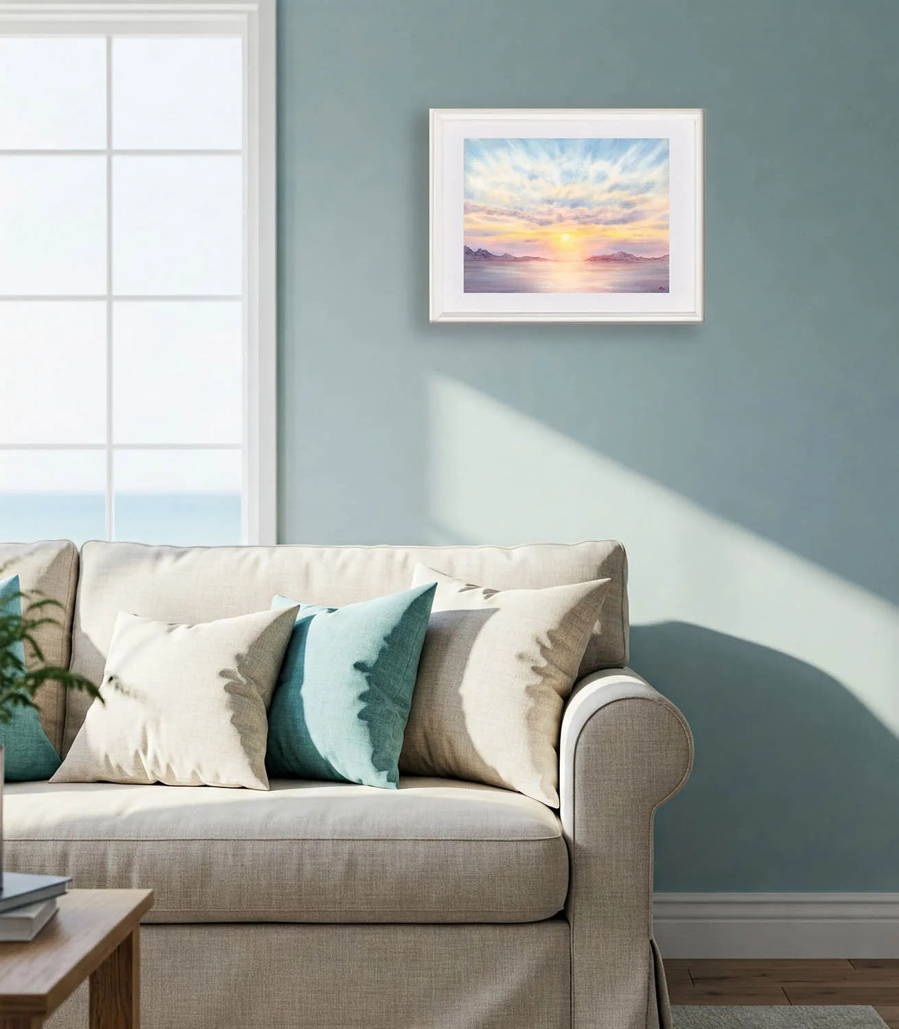 Fine art sunset painting with serene ocean waters, distant mountains, and soft sky for coastal living room wall décor