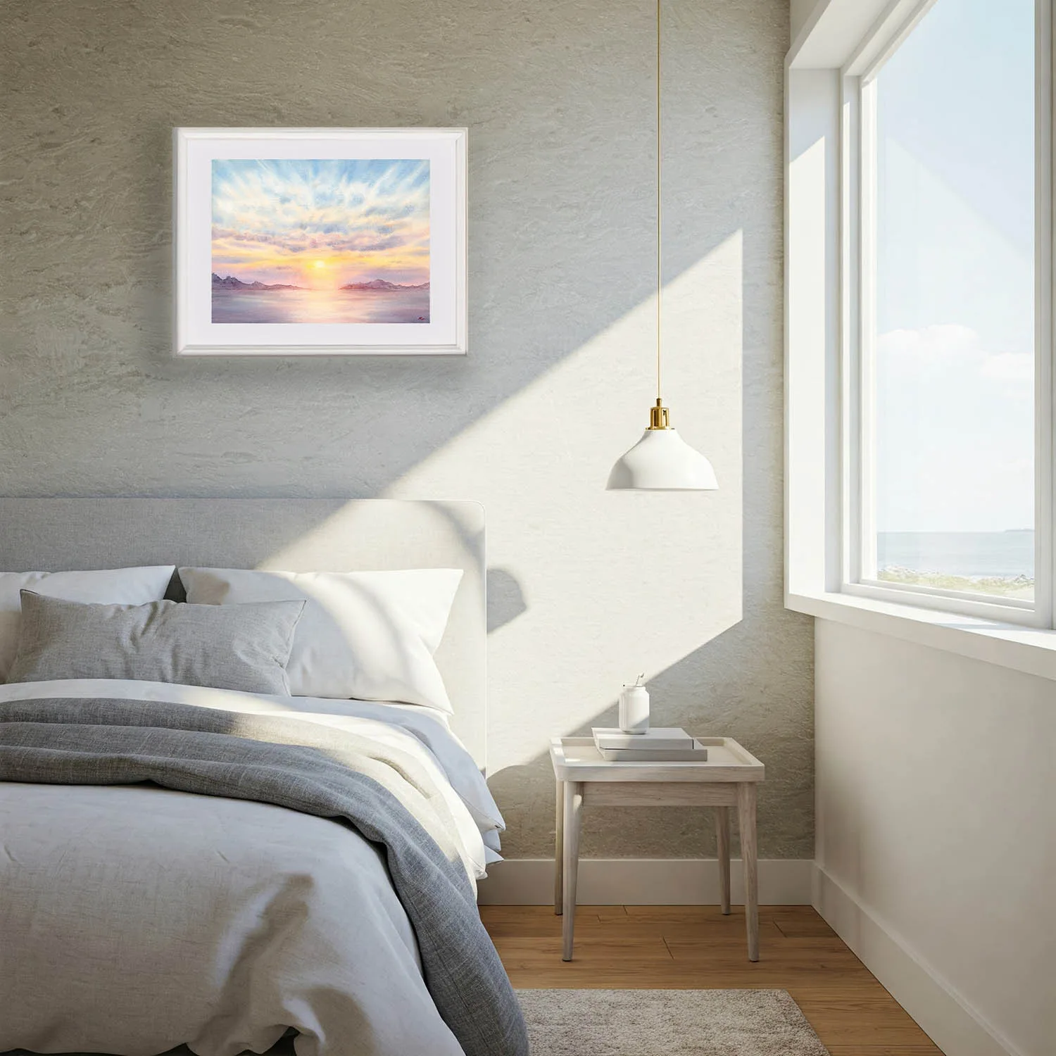 Original watercolor painting 'Sunset Dream' featuring serene coastal sunset with dreamy pink, orange, and golden sky over tranquil sea, wall art for beach-inspired bedroom décor, ocean landscape artwork for coastal interior design