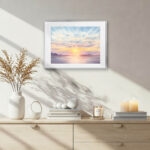 Wall art print Sunset Dream watercolor seascape painting, coastal sunset horizon with calming sea and soft pastel sky colors