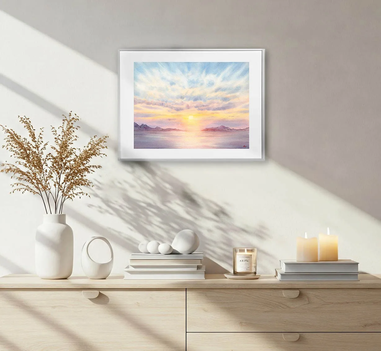 Original seascape watercolor of Saint-Jacut-de-la-Mer shoreline under pastel evening clouds and glowing horizon