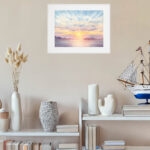 Peaceful coastal sunset painting capturing calm sea and warm golden light for beach house or coastal-inspired home décor