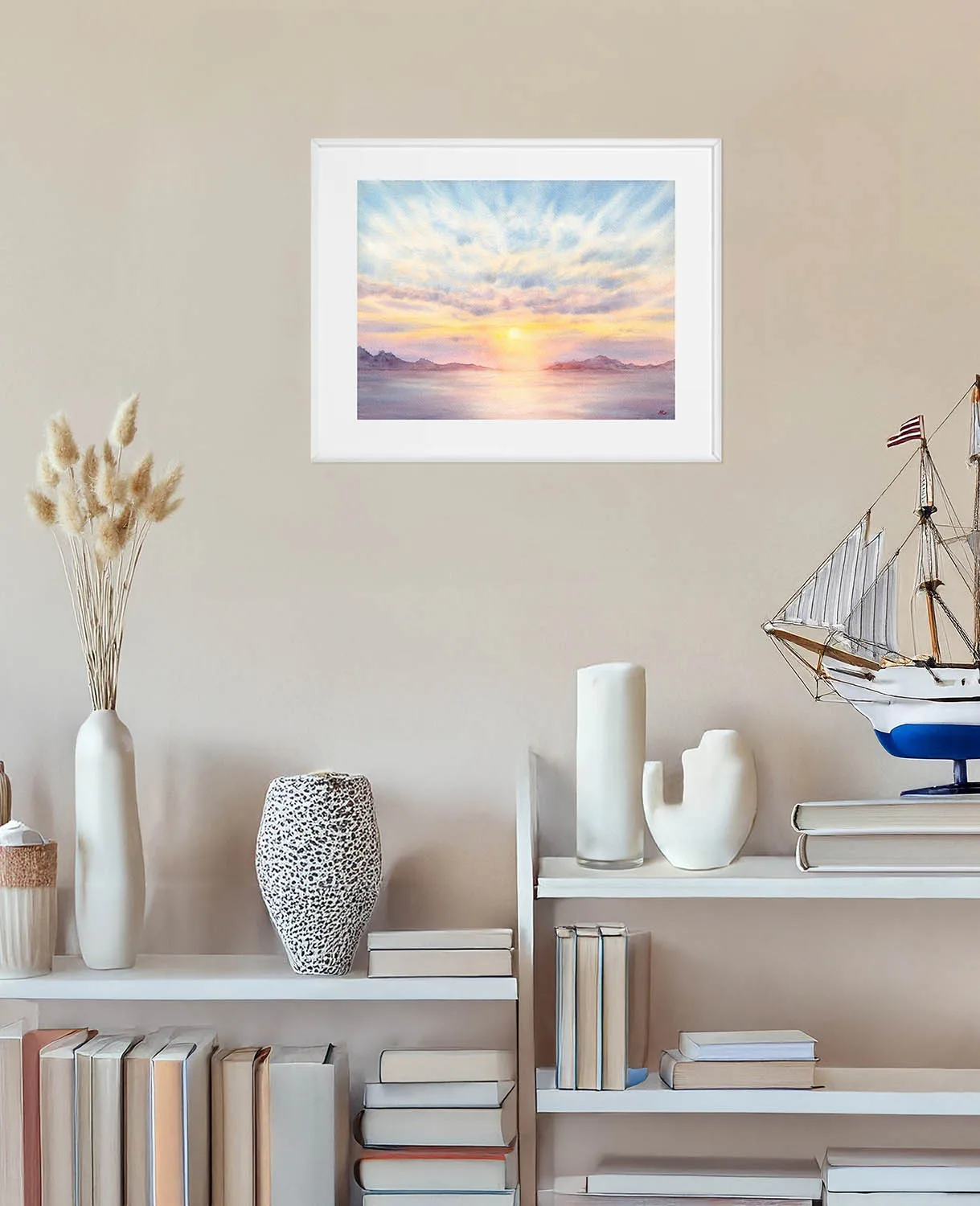 Peaceful coastal sunset painting capturing calm sea and warm golden light for beach house or coastal-inspired home décor