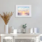 Tranquil ocean sunset watercolor art with soft pastel colors and coastal horizon view