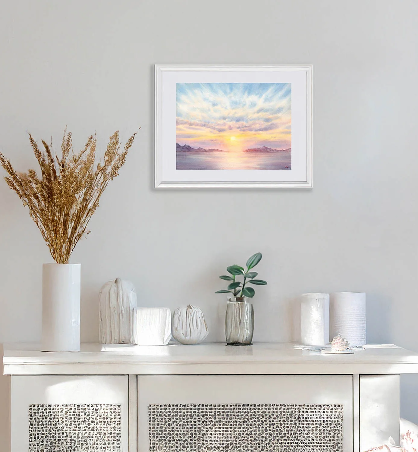 Tranquil ocean sunset watercolor art with soft pastel colors and coastal horizon view