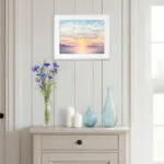 Golden hour seascape watercolor capturing the beauty of calm waters and romantic sunset sky