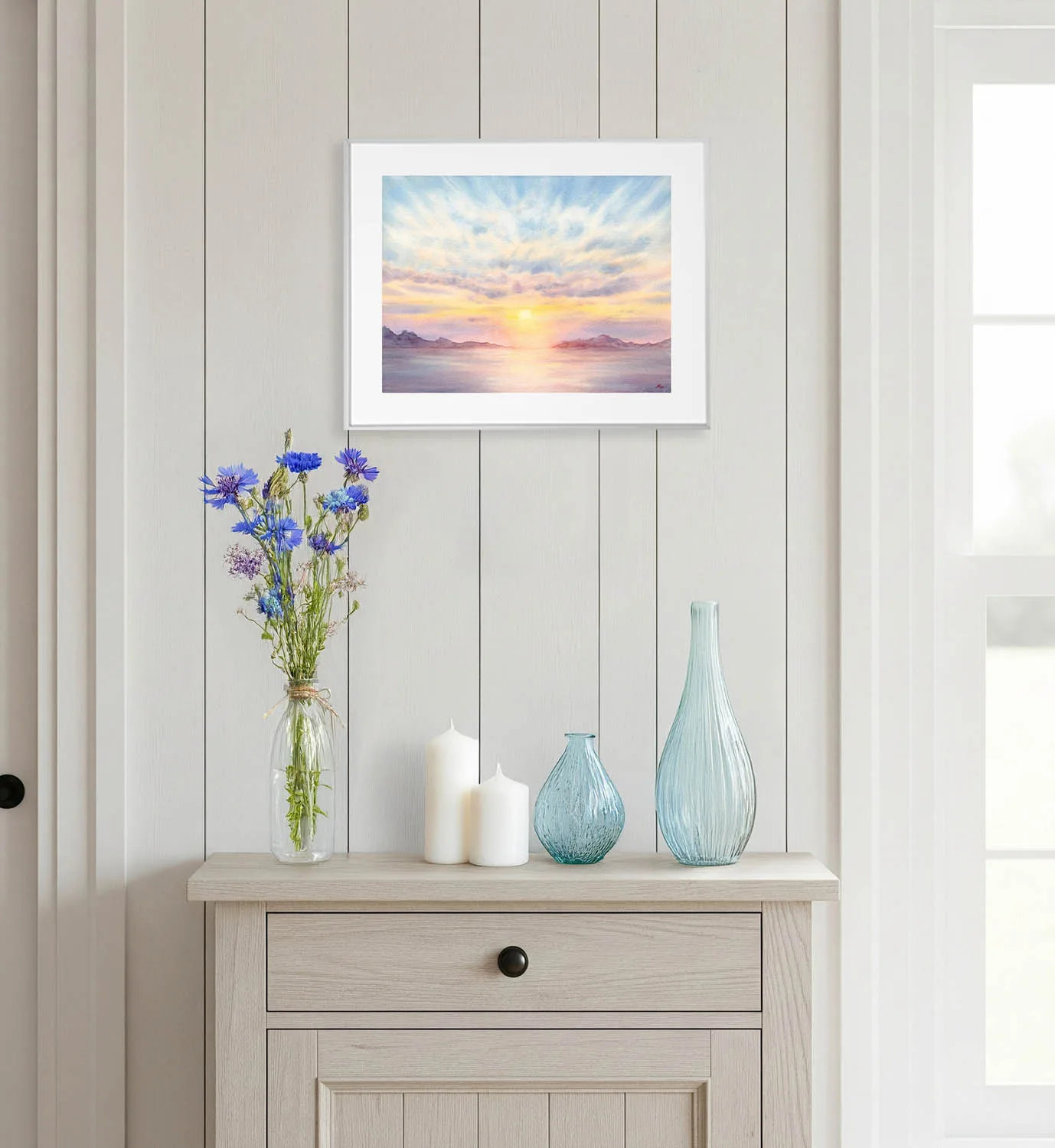 Golden hour seascape watercolor capturing the beauty of calm waters and romantic sunset sky