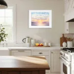 Framed fine art print of 'Sunset Dream' watercolor painting, depicting peaceful seaside sunset with pastel sky and calm waves, coastal wall art for bright kitchen décor, beach-inspired ocean seascape painting
