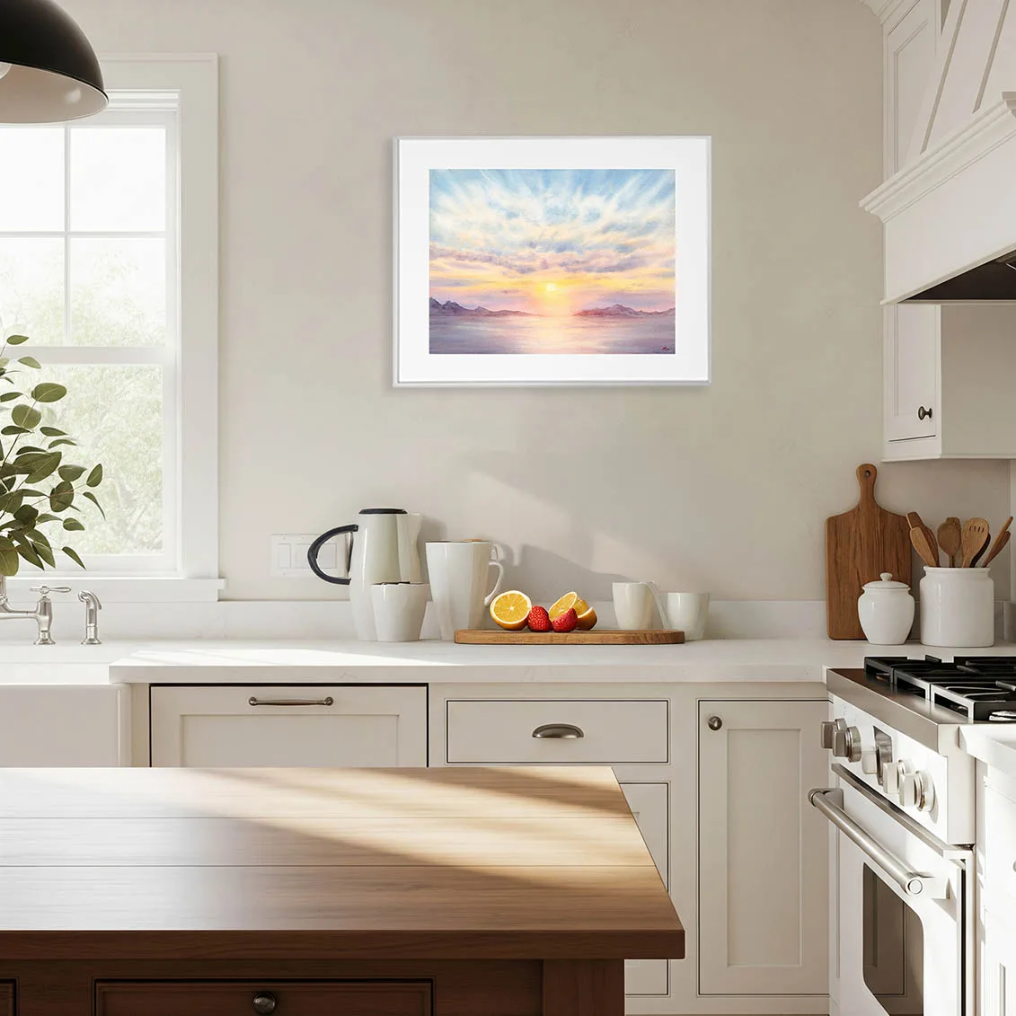 Framed fine art print of 'Sunset Dream' watercolor painting, depicting peaceful seaside sunset with pastel sky and calm waves, coastal wall art for bright kitchen décor, beach-inspired ocean seascape painting