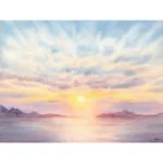 Original watercolor painting 'Sunset Dream' featuring golden sunset over calm sea, pastel clouds, and distant coastal silhouettes, painted in Saint-Jacut-de-la-Mer, France