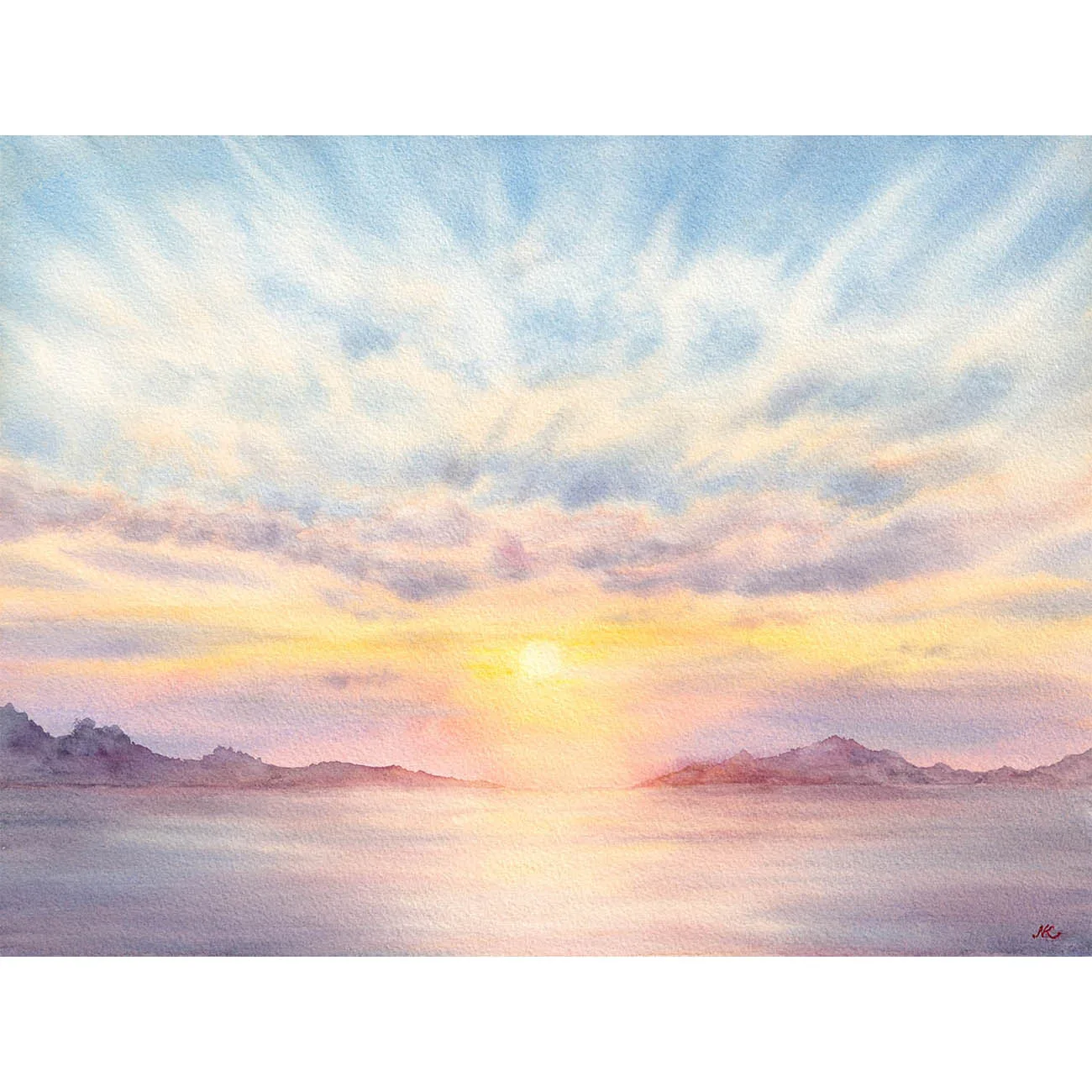 Original watercolor painting 'Sunset Dream' featuring golden sunset over calm sea, pastel clouds, and distant coastal silhouettes, painted in Saint-Jacut-de-la-Mer, France