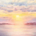 Detailed close-up of 'Sunset Dream' watercolor painting, showcasing delicate brushstrokes, warm sunset hues, and gentle ocean waves, beach wall art with coastal and nautical aesthetic