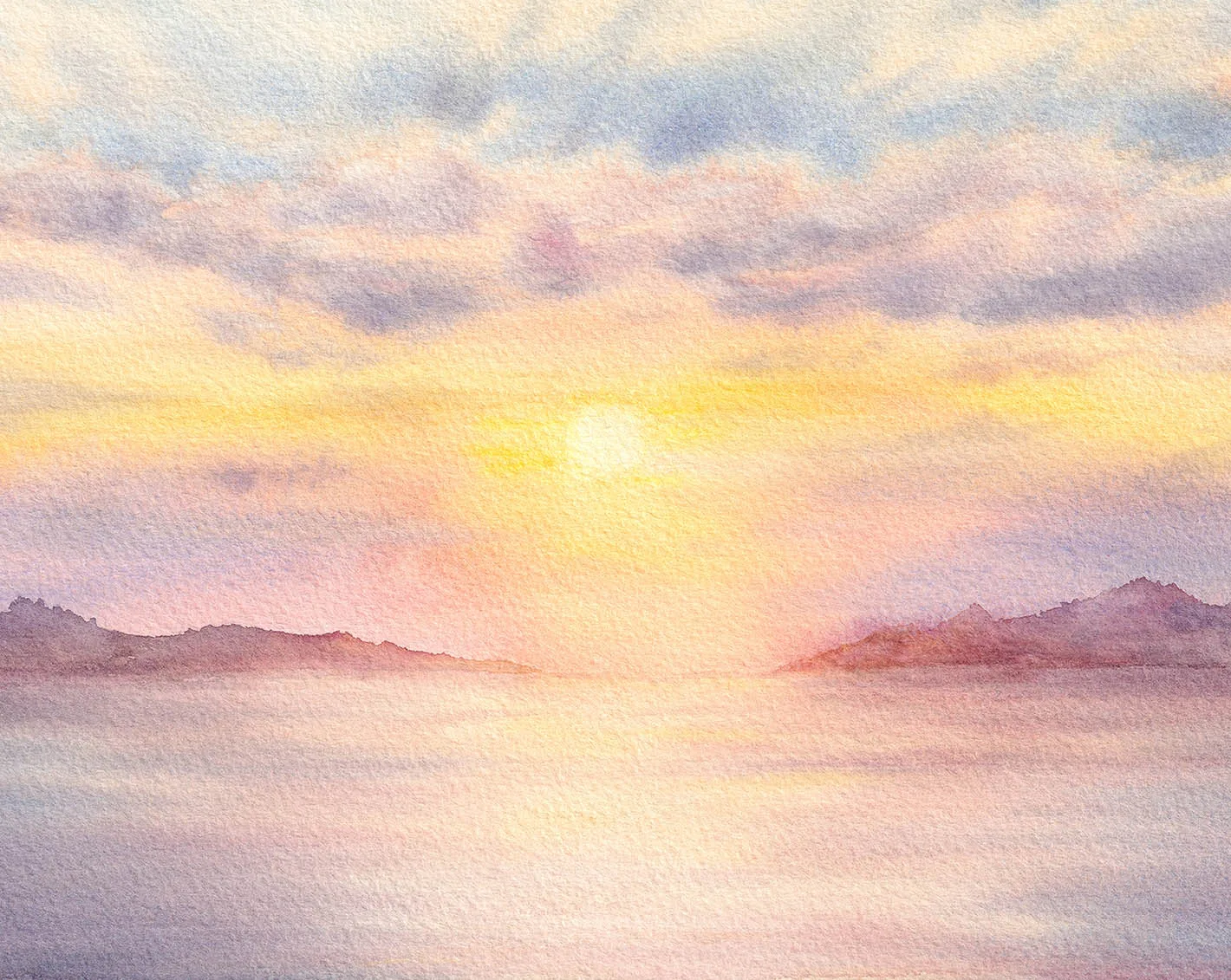 Detailed close-up of 'Sunset Dream' watercolor painting, showcasing delicate brushstrokes, warm sunset hues, and gentle ocean waves, beach wall art with coastal and nautical aesthetic