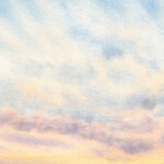 Close-up detail of Sunset Dream watercolor print showing soft watercolor sky with glowing sunset clouds over calm ocean horizon