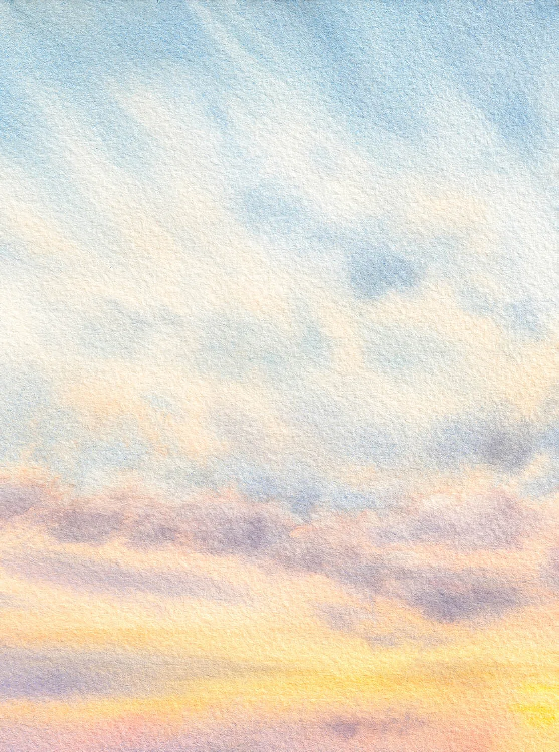 Close-up section of 'Sunset Dream' seascape watercolor painting, showing soft pastel gradients in the sunset sky and the shimmer of ocean water, perfect for coastal home wall art