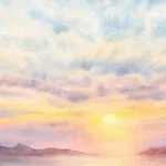 detail of 'Sunset Dream' original watercolor, highlighting textured paper, flowing washes of pink, orange, and gold blending into tranquil sea, fine art coastal seascape