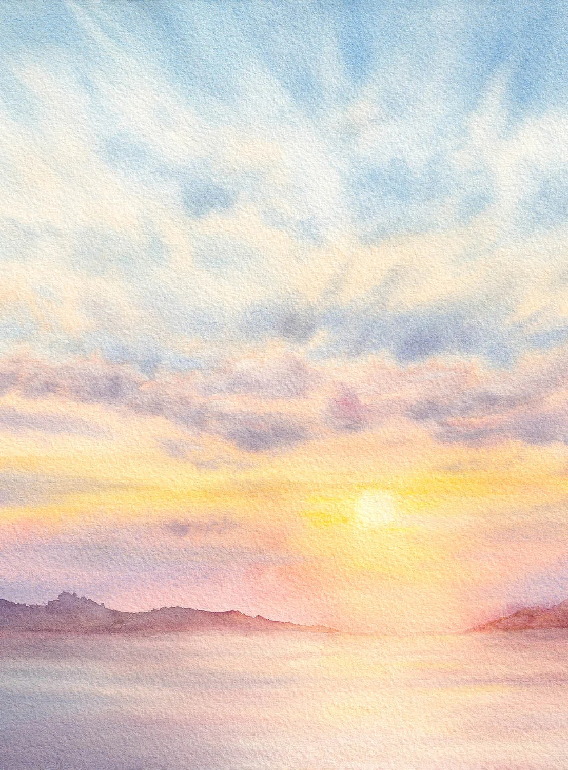 detail of 'Sunset Dream' original watercolor, highlighting textured paper, flowing washes of pink, orange, and gold blending into tranquil sea, fine art coastal seascape
