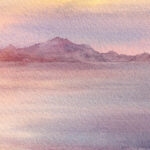 Close-up detail of Sunset Dream watercolor print showing soft pastel brushstrokes of golden sunset sky and calm ocean waves
