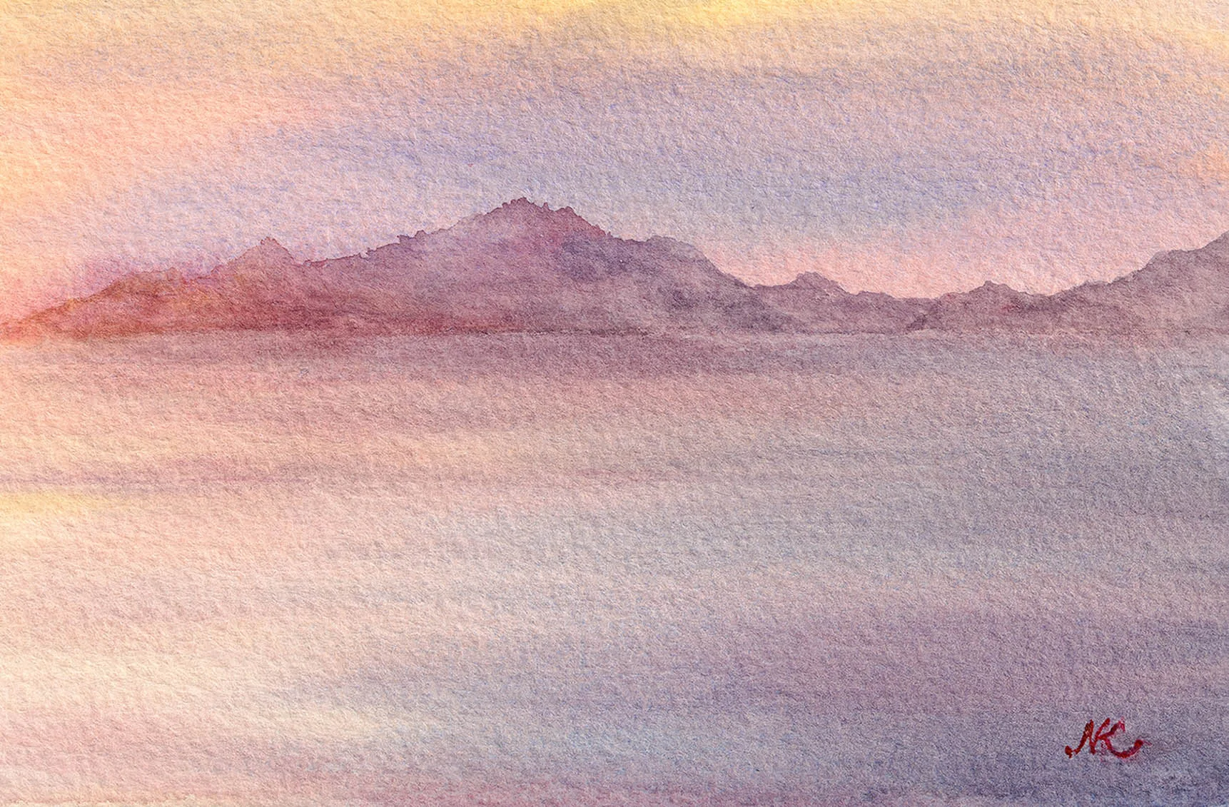 Artist Kateryna Nazarenko signature on 'Sunset Dream' original watercolor painting, authentic coastal sunset seascape artwork, signed fine art piece