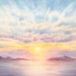 Seascape watercolor art of glowing sunset sky with soft yellow, pink, and lavender tones reflecting on tranquil ocean waters