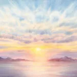 Seascape watercolor art of glowing sunset sky with soft yellow, pink, and lavender tones reflecting on tranquil ocean waters