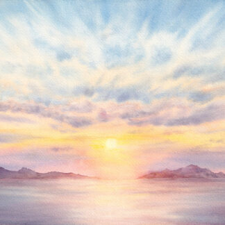 Seascape watercolor art of glowing sunset sky with soft yellow, pink, and lavender tones reflecting on tranquil ocean waters