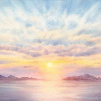 Seascape watercolor art of glowing sunset sky with soft yellow, pink, and lavender tones reflecting on tranquil ocean waters