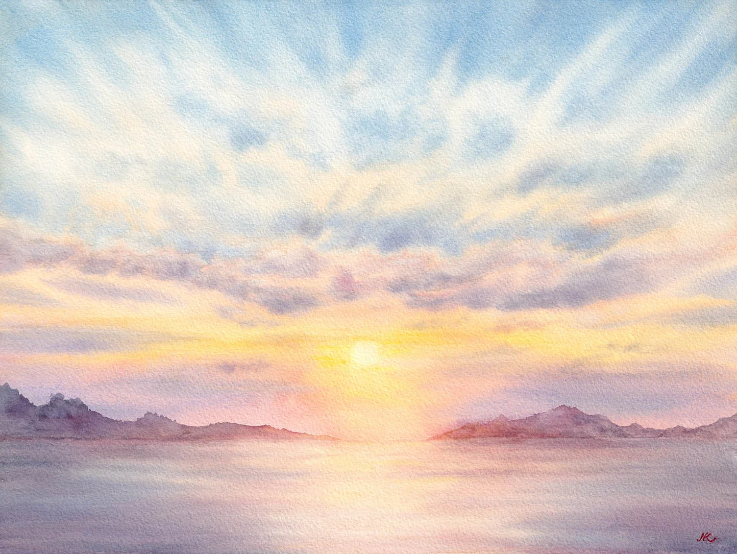 Seascape watercolor art of glowing sunset sky with soft yellow, pink, and lavender tones reflecting on tranquil ocean waters