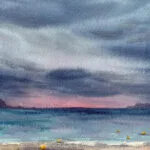 Detail of After Dark seascape watercolor artwork with bold brushstrokes, dramatic clouds, and ocean reflections, marine wall art in coastal style