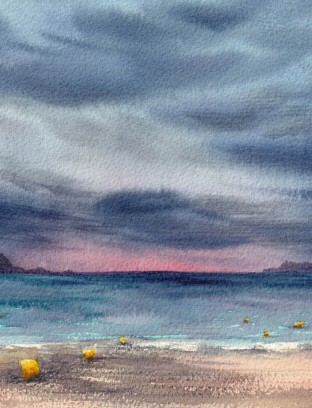 Detail of After Dark seascape watercolor artwork with bold brushstrokes, dramatic clouds, and ocean reflections, marine wall art in coastal style