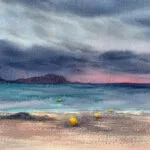 Closeup detail of After Dark watercolor painting showing expressive storm clouds, ocean horizon, and twilight glow, coastal seascape art for collectors