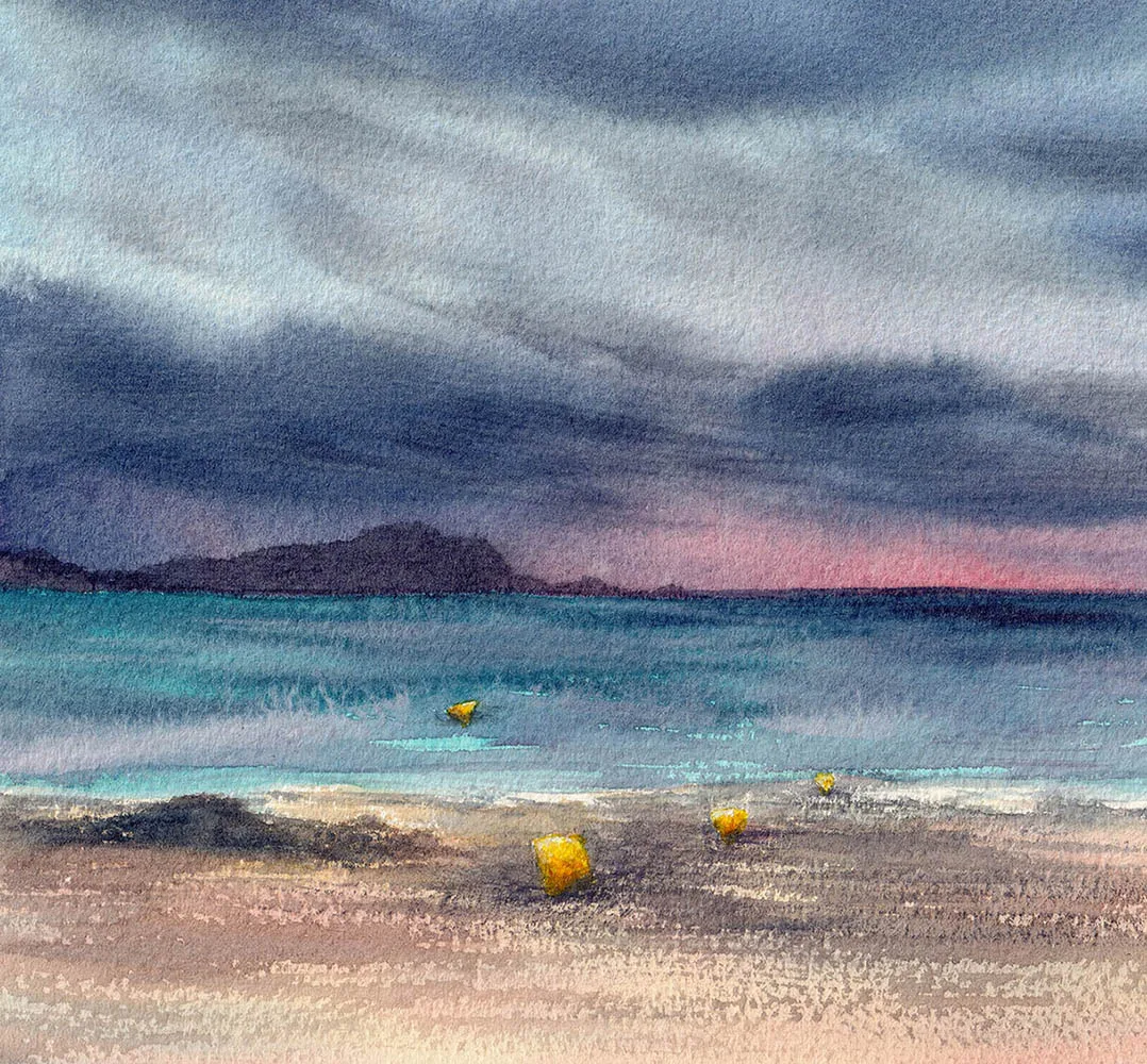 Closeup detail of After Dark watercolor painting showing expressive storm clouds, ocean horizon, and twilight glow, coastal seascape art for collectors