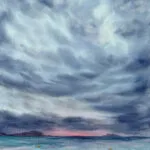 After Dark original seascape watercolor painting of Saint-Jacut-de-la-Mer ocean with storm clouds and fading twilight, coastal wall art for nautical interiors