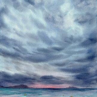 After Dark original seascape watercolor painting of Saint-Jacut-de-la-Mer ocean with storm clouds and fading twilight, coastal wall art for nautical interiors