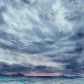 After Dark original seascape watercolor painting of Saint-Jacut-de-la-Mer ocean with storm clouds and fading twilight, coastal wall art for nautical interiors