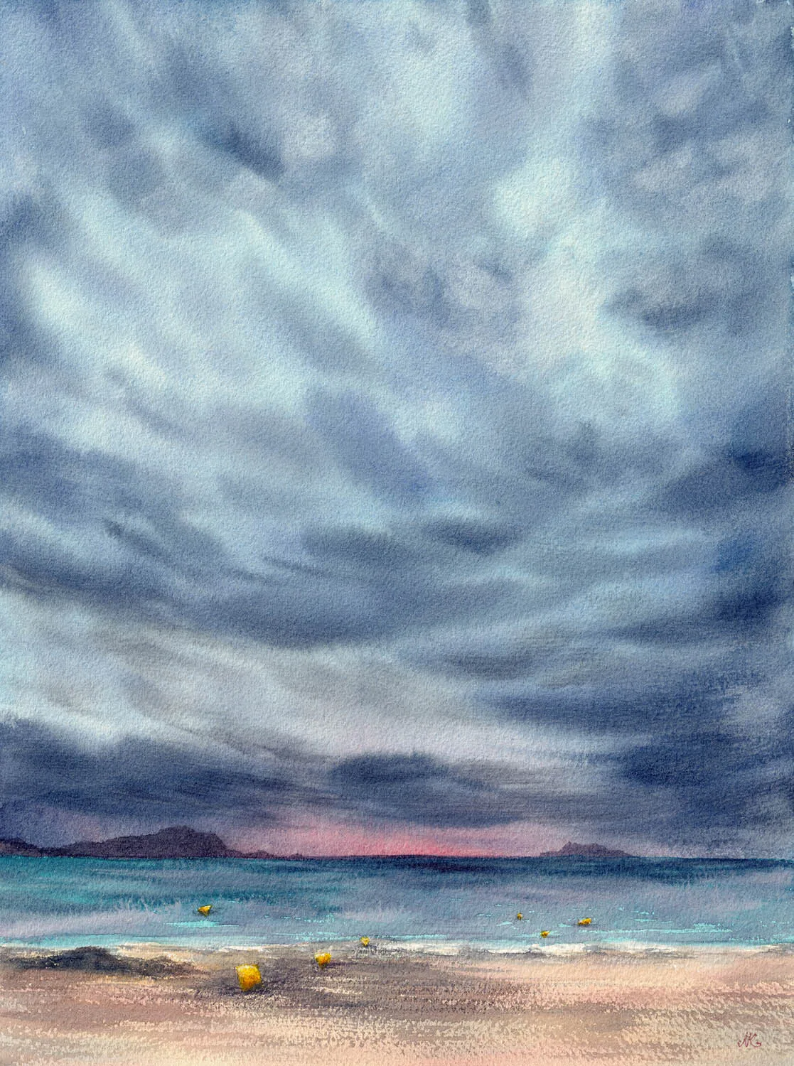 After Dark original seascape watercolor painting of Saint-Jacut-de-la-Mer ocean with storm clouds and fading twilight, coastal wall art for nautical interiors