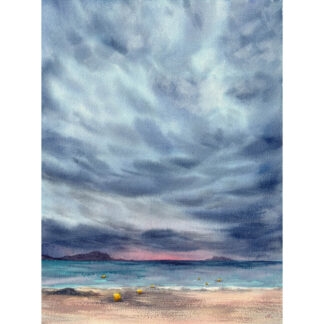 After Dark original watercolor painting featuring ocean horizon, twilight sky, and stormy atmosphere, seascape artwork for coastal home decor
