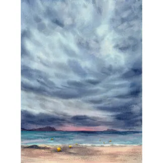 After Dark original watercolor painting featuring ocean horizon, twilight sky, and stormy atmosphere, seascape artwork for coastal home decor