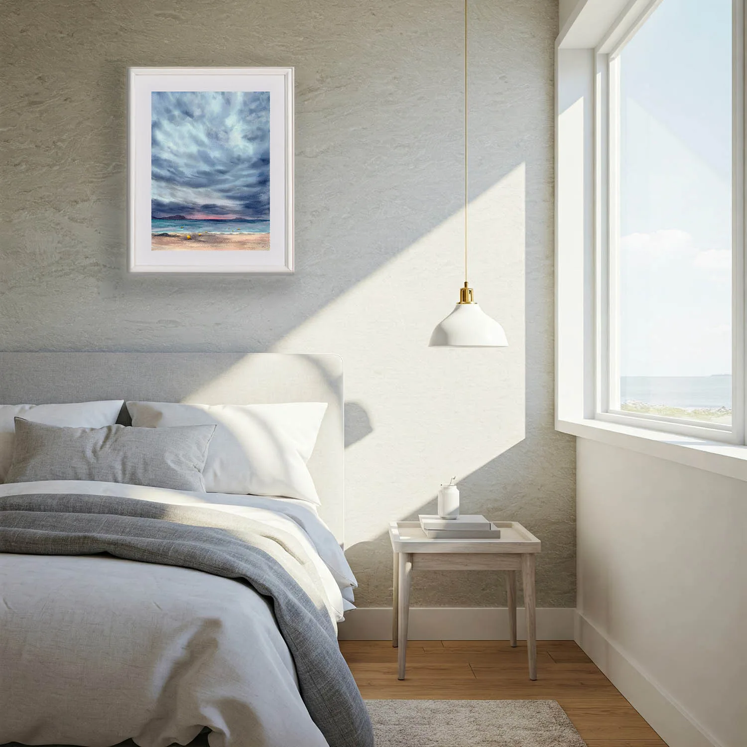After Dark original watercolor painting of stormy ocean and twilight sky displayed in a modern coastal bedroom, nautical wall art above bed for ocean lovers